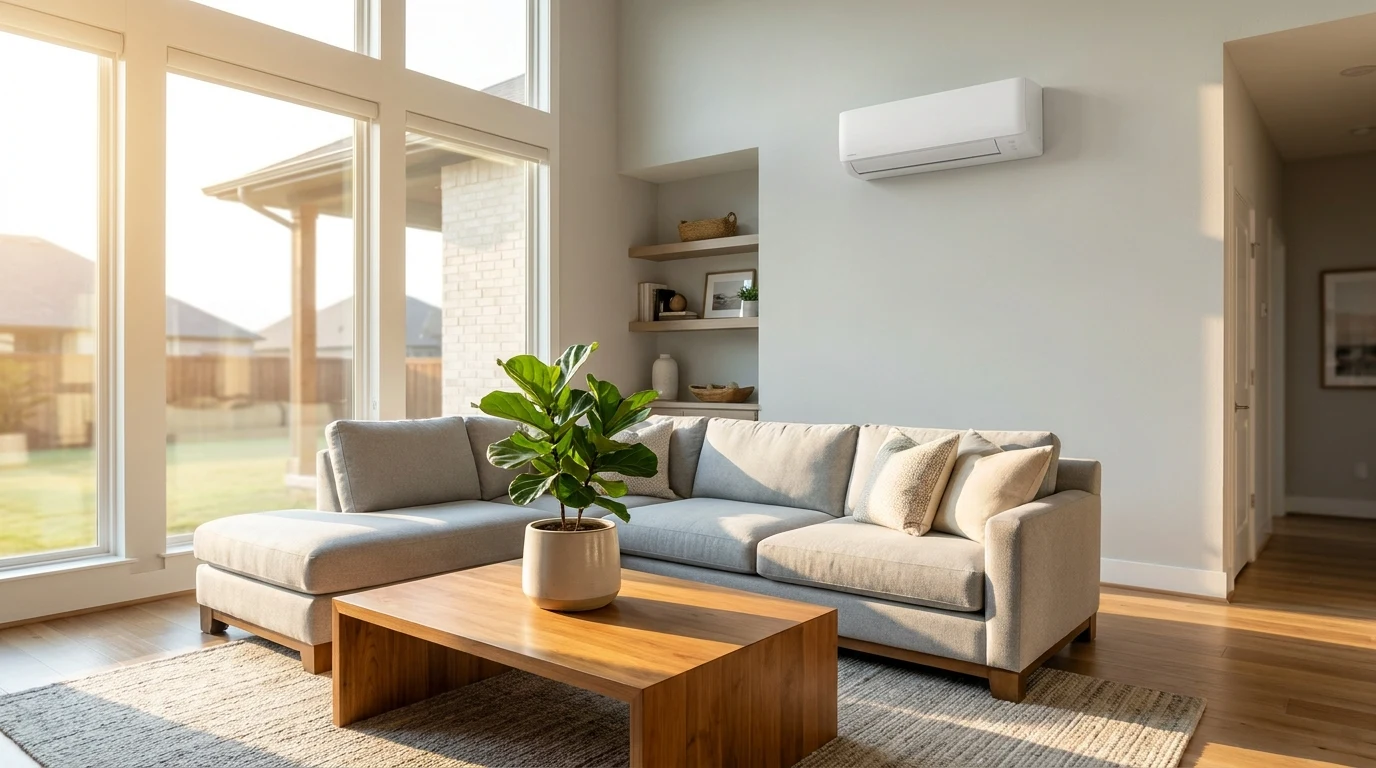 Bright living room cooled by a modern mini-split AC system in a Garland, TX home