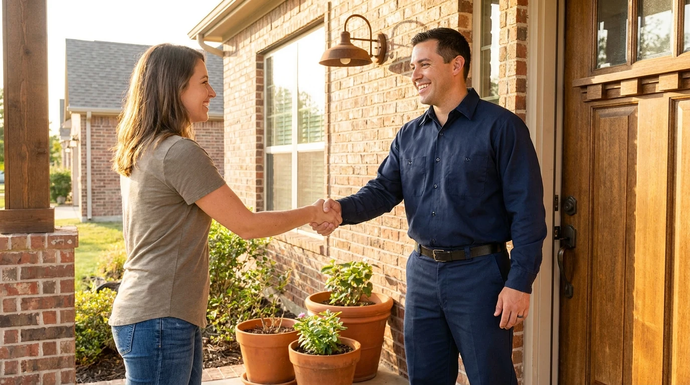 AC Repair Garland technician shaking hands with a homeowner after a free estimate visit