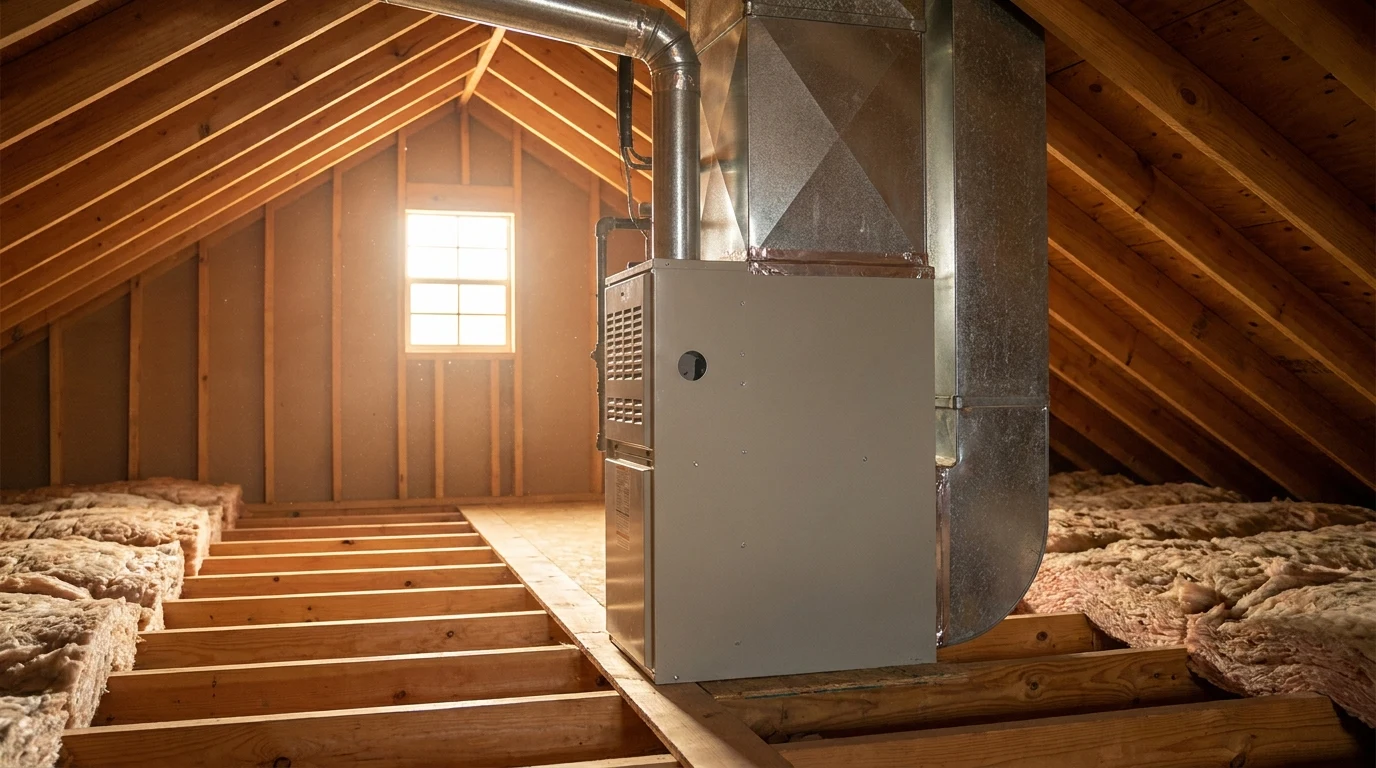 Furnace and ductwork in the attic of an older Garland, TX home
